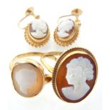 Two gold cameo rings with traditional lady bust, 9ct and 14ct,