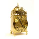 20th C German brass lantern clock, striking movement, brass chapter ring with Roman numerals,