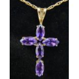 9ct yellow gold amethyst cross pendant on fine link chain