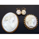 Pair of cameo earrings, and two cameo brooches of Classical maidens, largest approx. 4.