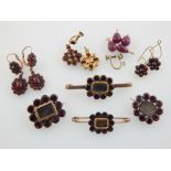 Victorian garnet brooches, later cluster earrings and four pear drops (11)