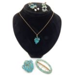 Turquoise jewellery; a 1920s French brooch of Egyptian influence, early 20th C buckle, and other