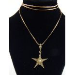 Star pendant, stamped 15ct, set with seed pearls, on a 9ct gold chain,