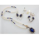 Lapis lazuli and pearl jewellery, necklace, silver earrings, costume pendant and ovals (5)