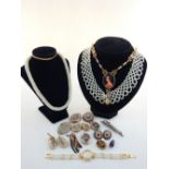 Pearl choker, lockets brooches and other costume jewellery, including a 9ct gold bracelet and a