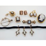 Cameo earrings and brooch and other 20th C jewellery, including locket with an images of an