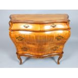 Late 20th C Dutch bombe commode, walnut crossbanded body with sycamore inlay, brass handles, two