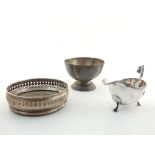 Early 20th C silver shaped bowl, a silver wine coaster and a silver sauceboat (3)