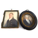 Regency oval portrait miniature of a gentleman, 7cm, and a similar rectangular portrait miniature,