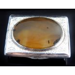 18th C Continental silver snuff box with oval agate mounted to the top, engraved hunters,