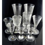 18th century ale glass with cylindrical hop etched bowl, a pair of 18th century ale glasses,