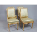 Set of four 19th C French giltwood salon chairs, striped upholstery to back and seat,