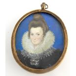 18th century oval portrait miniature of a lady with brown bunched hair, high white ruff,