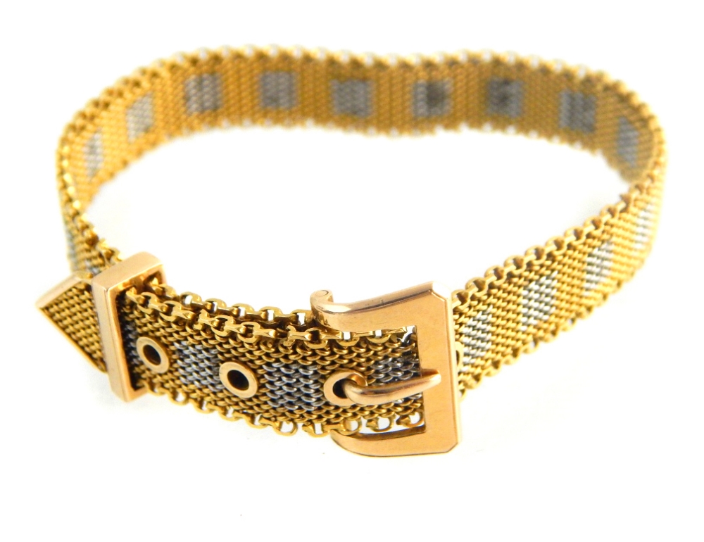 Ladies tri-colour gold strap bracelet, 18ct, 26.8g.