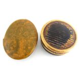 19th century French gold and tortoiseshell circular snuff box with remnants of gilded stripe