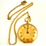 Ladies 18ct gold cased pocket watch, Roman numerals and floral decoration,