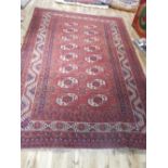 Red ground Turkoman carpet, elephant pad design within reticulated borders, fringed,