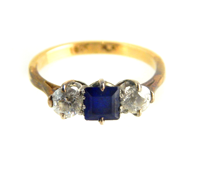 9ct yellow gold diamond and sapphire three stone ring,