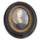 18th century oval portrait miniature of Puritan gentleman with long brown hair in traditional white