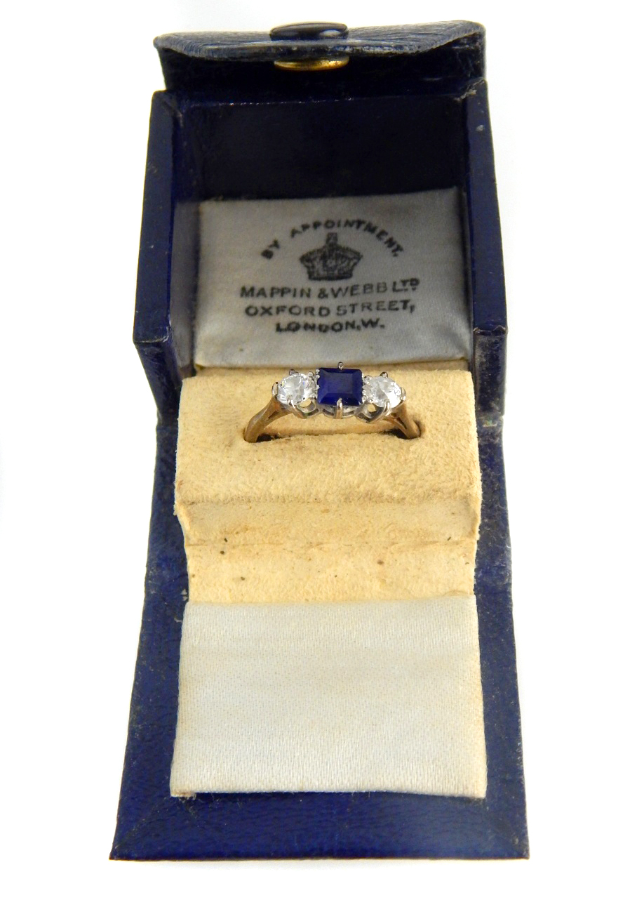 9ct yellow gold diamond and sapphire three stone ring, - Image 2 of 2