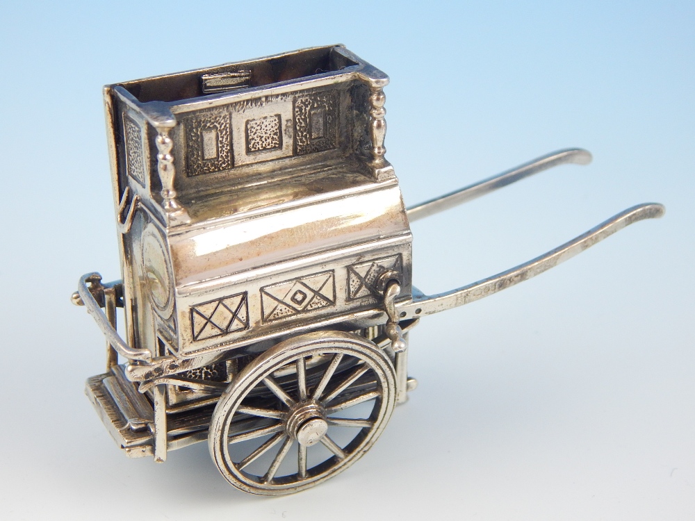 Unusual Continental silver (925) model of a barrel organ on a hand cart,