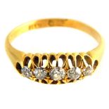 Diamond set five stone ring, in an 18ct gold band, 3.