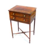 Regency Coromandel banded work table, fitted two drawers on turned tapered legs with X stretcher,