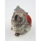 Owl pin cushion, the silver coloured body with pad to back, hallmarks to base, 4cm h