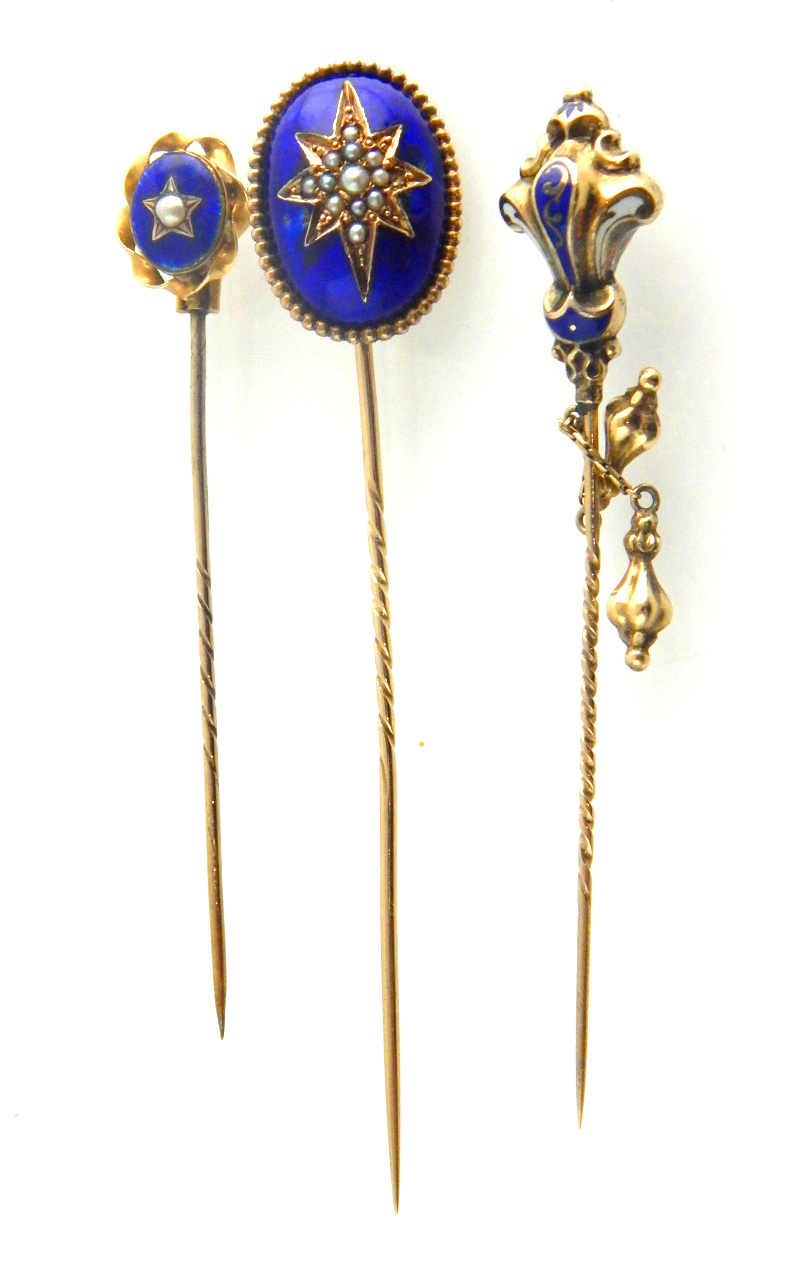 19th C enamel and gold stick pins, set with seed pearl, largest oval 2. - Image 2 of 2