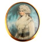 Victorian oval portrait miniature of an elegant young lady with curled white hair in white lace