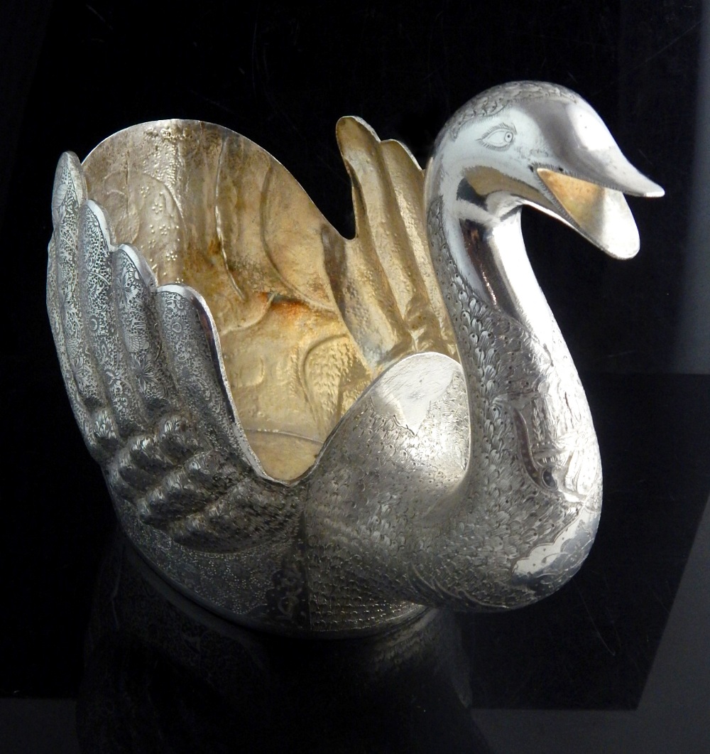 Fine Persian silver swan centrepiece, the whole intricately engraved on repousse modelling, - Image 2 of 4