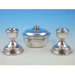 Pair of dwarf candlesticks, Birmingham 1979, silver box and cover,