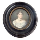 Regency oval miniature on ivory, portrait of a young lady in white lace dress with pearl jewellery,