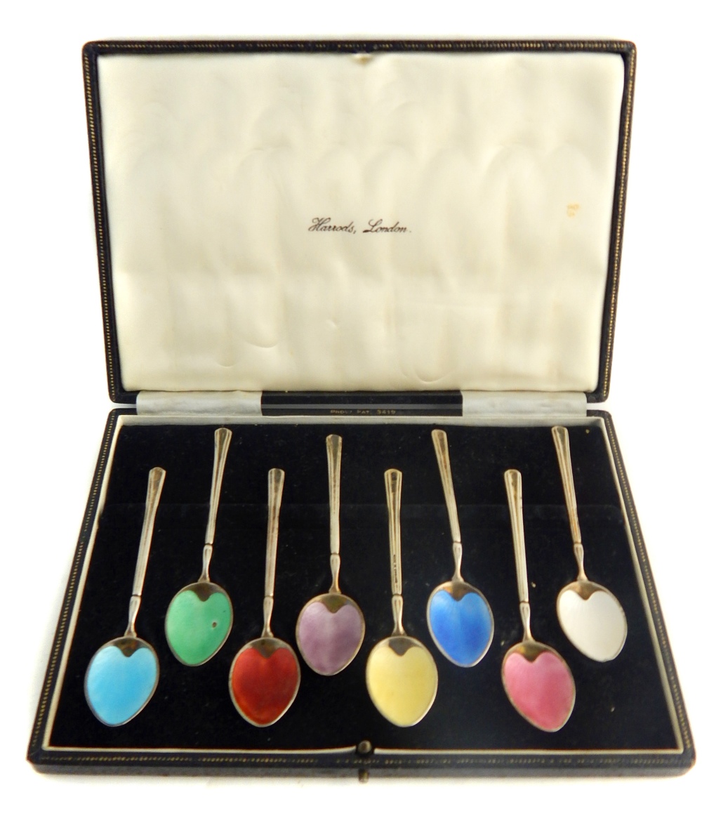 Boxed set of eight silver gilt and enamel teaspoons, by Turner & Simpson, Birmingham 1957,