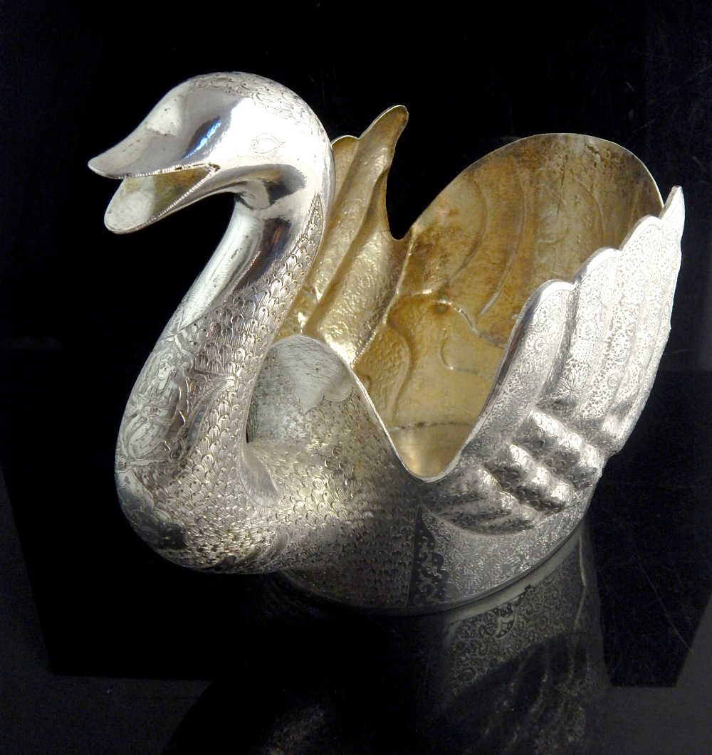 Fine Persian silver swan centrepiece, the whole intricately engraved on repousse modelling, - Image 3 of 4