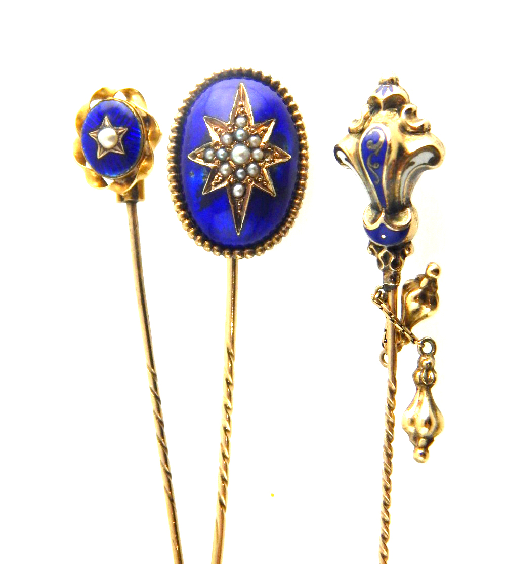 19th C enamel and gold stick pins, set with seed pearl, largest oval 2.