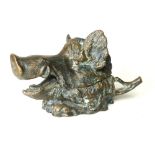 Bronze boars head inkwell on naturalistic base with cast branch pen holder,