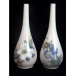 Two Royal Copenhagen bottle stem vases, floral decoration,