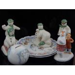 Snowman collection; Royal Doulton DS20 Tobogganing, DS21 Skiing, DS22 Snowballing,