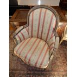 Pair of French late Napoleon III fauteuille, grey aged paint on walnut frame,