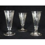 Three Georgian etched ale glasses, conical with barley and hop etched decoration, tallest 13.