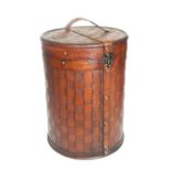 Victorian style woven leather hat box, of cylindrical form, the hinged cover with strap handle,