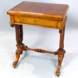 Victorian burr walnut games / work table, the hinged swivel top enclosing inlaid backgammon, chess,