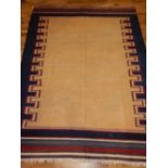 Fethiye kelim rug, centre yellow ground, within blue geometric border,