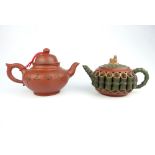Chinese terracotta teapot, with bamboo decoration, chicken to finial,