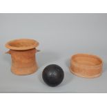 18th / 19th century iron canonball and two items of pottery.