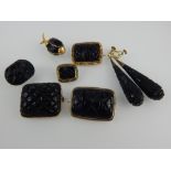 Collection of 'French jet' gold and yellow metal mounted jewellery, comprising brooches,
