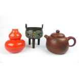Chinese Yixing clay teapot, a Chinese bronze incense burner, exterior with turquoise enamelled band,