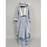 Handmade theatrical Victorian two piece ball gown, powder blue and silver pattered fabric,