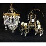 Gilt metal five branch small electrolier and a bag shaped ceiling light,